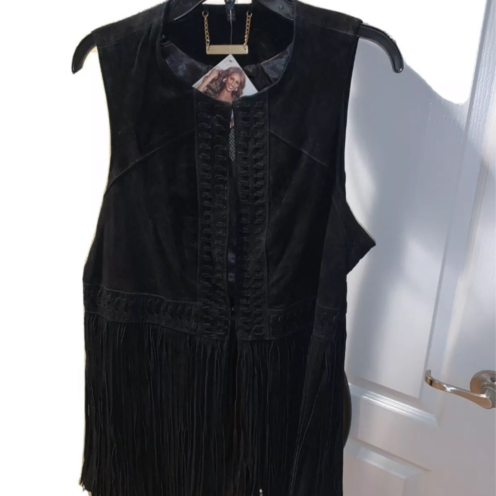 Iman’s Black Suede Fringed Vest, NWT